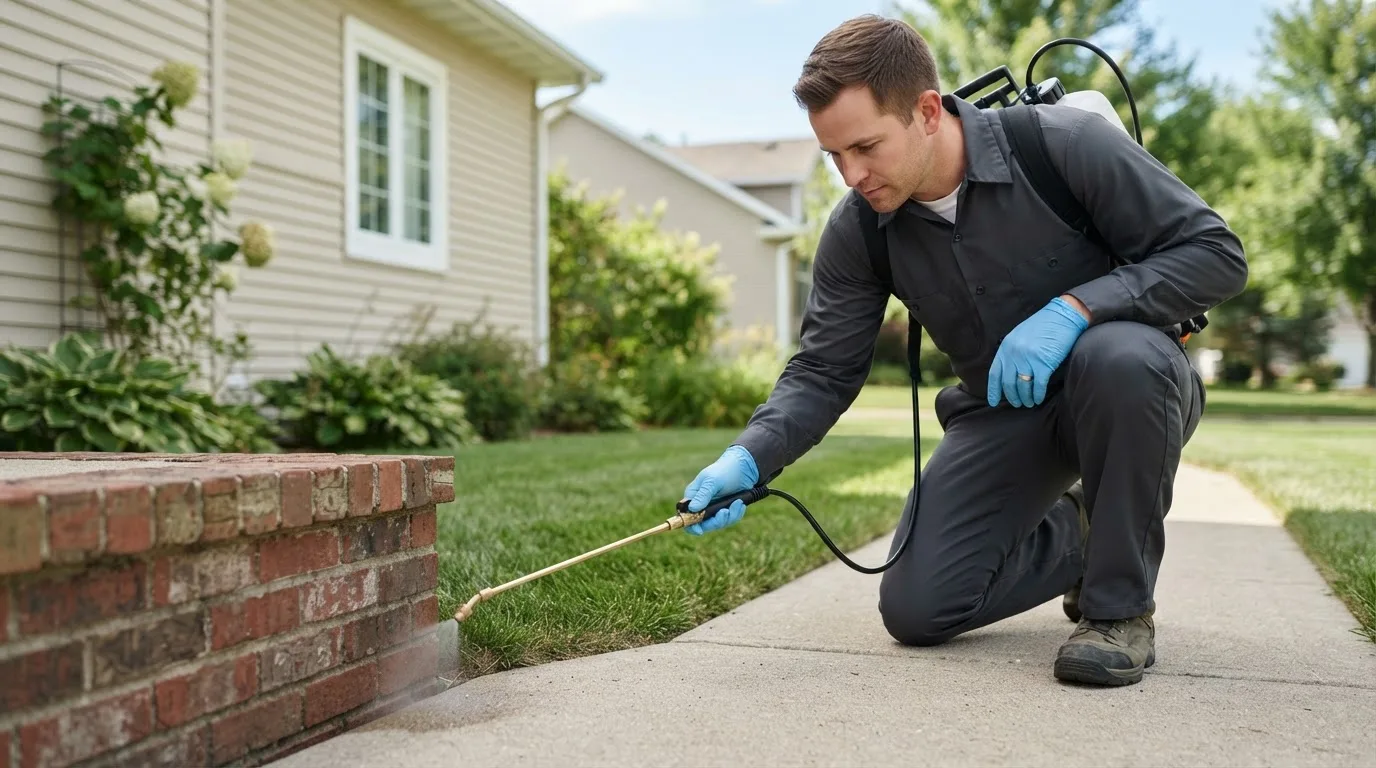 Pest control technician treating a home near Clayton, IN