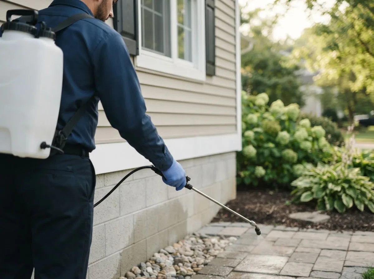 Pest control technician inspecting a home in Clayton, IN